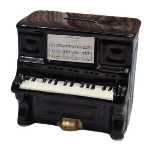 Vintage Porcelain Piggy Bank 4" One More Dime Piano Ceramic Figurine, No Stopper